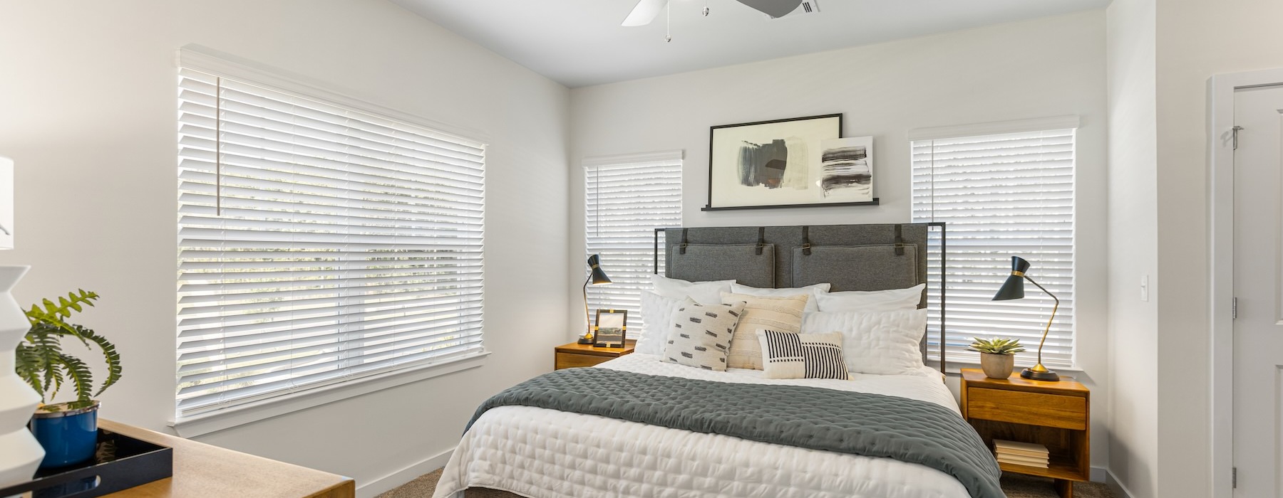 a bedroom with a bed and a fan