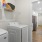 a laundry room with a laundry basket